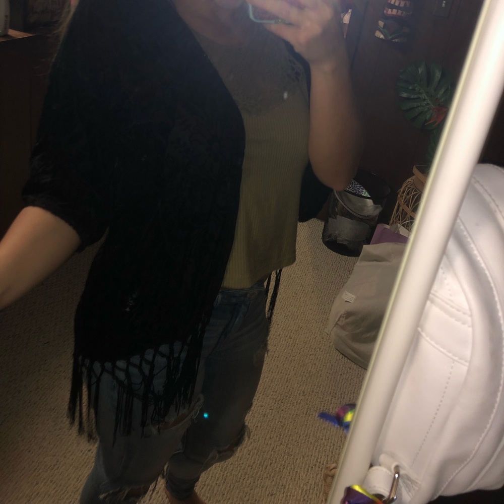 Black velvet fringe kimono